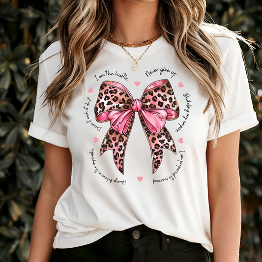 Never Give Up Motivational Coquette Bow T-Shirt