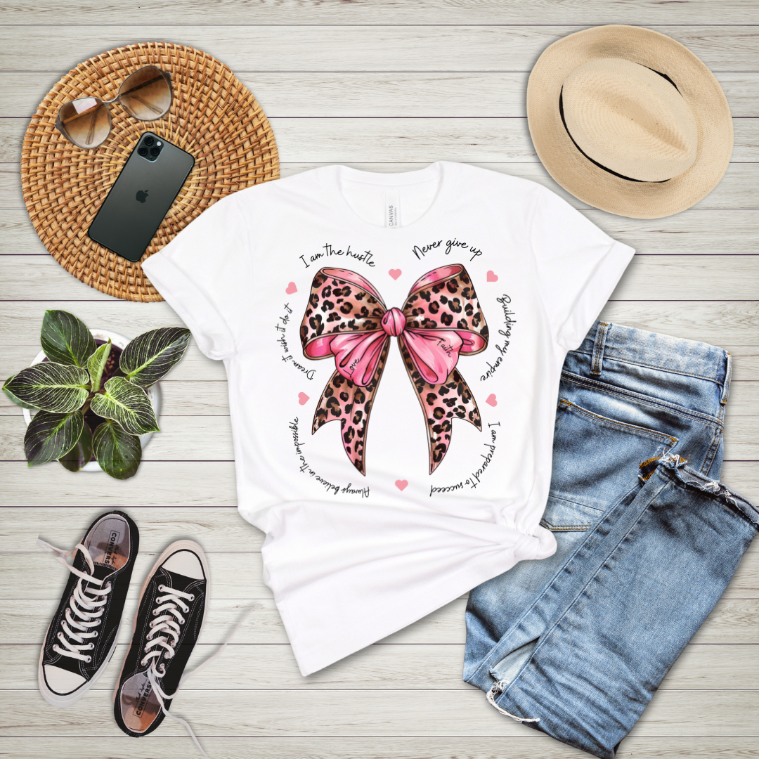 Never Give Up Motivational Coquette Bow T-Shirt