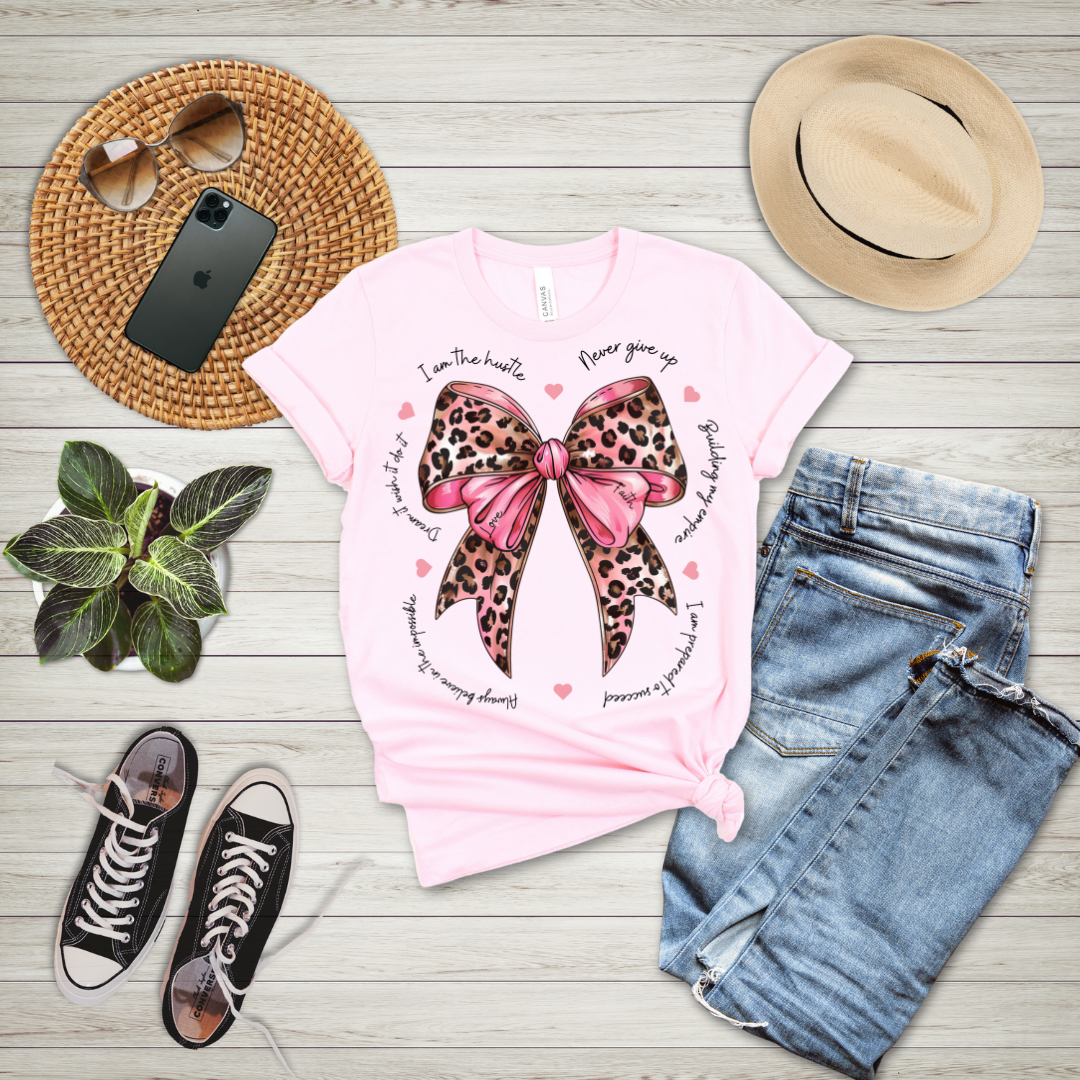 Never Give Up Motivational Coquette Bow T-Shirt