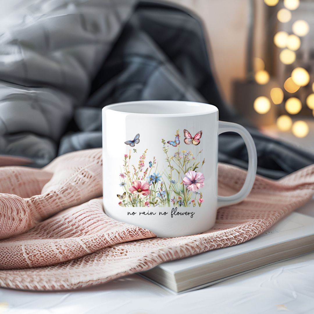 No Rain No Flowers Inspirational Coffee Mug