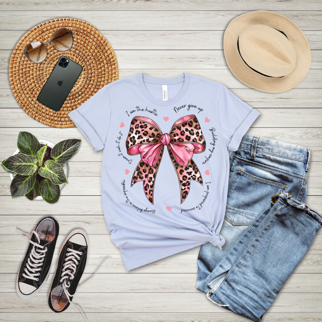 Never Give Up Motivational Coquette Bow T-Shirt