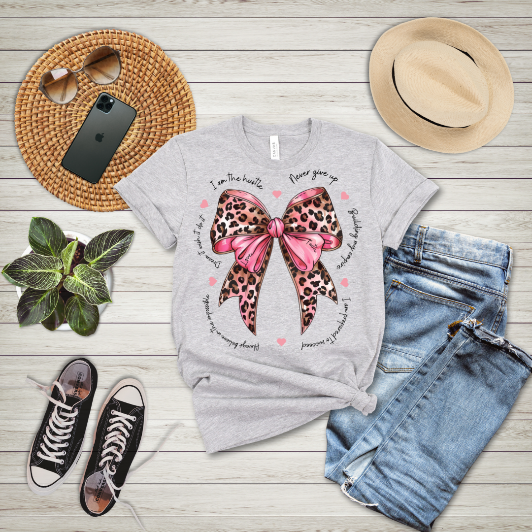 Never Give Up Motivational Coquette Bow T-Shirt